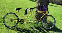 Full side view of yellow tandem bicycle leaning against a tree on grass