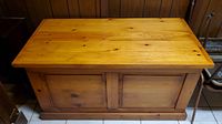 Top angled view of the wooden storage chest showing plank-style lid and paneled front