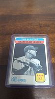 Photo shows the front of the 1973 Topps Lou Gehrig baseball card inside a clear plastic protective case. The card features a black and white image of Lou Gehrig with colorful text borders.