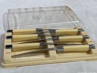 Full view of six-piece cutlery set in beige plastic tray with clear lid showing cream handles and chrome accents.