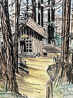 Close-up photo of the pen and watercolor artwork showing forest cabin and trees detail.