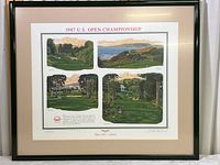Full view of framed print showing four distinct art panels and signature beneath, with mat and dark wood frame.