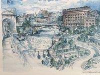 View of the entire watercolor print showing the Spokane River Falls scene with buildings, bridges, falls, river with gondolas, and park area.
