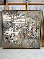 Full view of the large framed lithograph showing the landscape, three women in traditional Japanese attire, and a flock of cranes near a home and bridge.