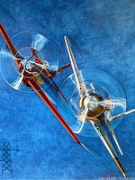 Close-up of the poster artwork showing two racing propeller aircraft viewed from below against a blue sky.