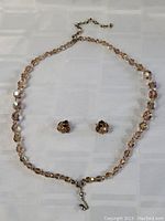 Photo of the necklace and earrings laid flat showing the overall design and bead arrangement.