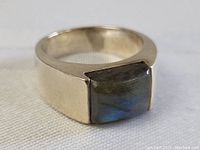Close-up of sterling silver labradorite ring from an angled view, showing the stone and wide band