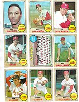 Image showing 9 baseball cards featuring various players including Dick Simpson, Mike Shannon, Tim McCarver, Nelson Briles, team card, Phil Gagliano, Dick Hughes, Larry Jaster, and Joe Hoerner