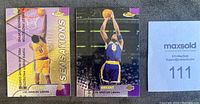 Fronts of two Kobe Bryant cards: Sensations insert #128 on left, regular Finest #64 on right.