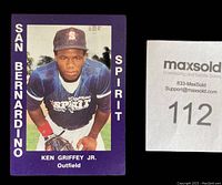 Front of Ken Griffey Jr. 1988 pre-rookie baseball card featuring player in uniform with San Bernardino Spirit text on purple border.