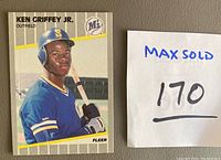 Close-up of Ken Griffey Jr. rookie card with him in Seattle Mariners uniform, from 1989 Fleer set