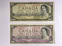 Front side of $20 and $10 Canadian banknotes showing Queen Elizabeth II portrait with distinct hair design
