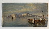 Full frontal view of the rectangular oil on board painting showing figures, boats, cliffs and water