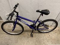 Side view of the purple mountain bike showing full frame, tires, and seat