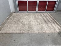 Beige carpet rug laid flat on concrete floor with visible plush shaggy texture and woven edge.