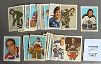 Front sides of 49 vintage 1973-74 WHA hockey panel cards, including notable players in WHA jerseys.