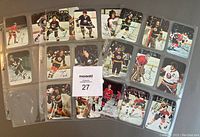 Front view of all 22 hockey insert cards arranged in two rows in protective plastic sheets.