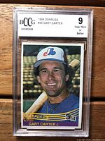Front view of 1984 Donruss Gary Carter baseball card in plastic BCCG graded case