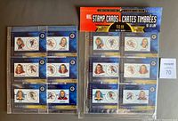 Two NHL 50th All Star Game stamp and card sets in custom holders, one open with stamps displayed, one sealed in original plastic packaging.