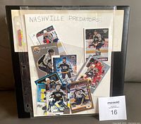 Binder cover page with Nashville Predators hockey cards attached for display