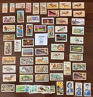 Overhead view of 66 assorted older tobacco and food collectible cards arranged on wood surface showing various wildlife and scenic themes.