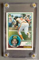 Close-up of Tony Gwynn rookie baseball card in protective case