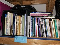 Books on wooden shelves including various genres such as cookbooks, finance, self-help, and literature arranged upright showing titles on spines