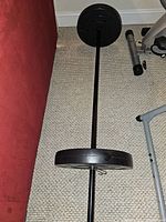 Full view of the metal barbell with attached weight plates positioned on carpet near a red couch.