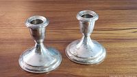 Two silver candlestick holders with rounded flared bases, showing tarnish and surface wear, placed on a wooden surface.