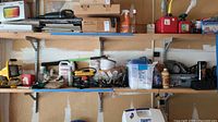 Wide shot of shelves holding various tools, cleaning supplies, planters, and a toolbox, showing the lot contents