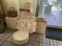 Overall view of two cube stools, garden stool, holiday platter, drum dish, flower pot and wicker basket