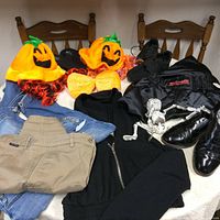 Full lot showcasing clothing items, pumpkin hats, shoes, and skeleton decoration together arranged on chairs.