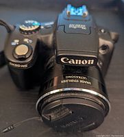 Front view of the Canon PowerShot SX50 HS camera showing the Canon logo and lens with image stabilizer ultrasonic lens label.