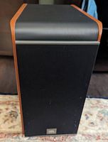 Front view of one JBL speaker with black grille and wood side finish on carpeted floor.