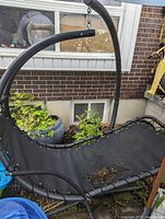 Hanging hammock swing showing curved black metal frame with black mesh fabric for seating, placed outside on concrete near garden plants.