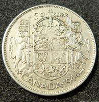 Reverse image showing the coat of arms with 50 cents denomination and the year 1944.