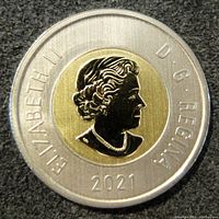 Obverse side of the 2021 Canada $2 coin showing Queen Elizabeth II portrait and inscriptions