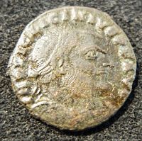 Obverse side of the coin showing the profile bust of Licinius I and inscriptions.