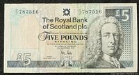 Front side of The Royal Bank of Scotland £5 banknote showing the portrait and denomination.
