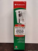 Full view of the Fluidmaster 400A universal toilet fill valve packaging showing brand, model number, and labeled features.