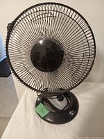 Black rotating circular fan with protective grille and control knob on base, photographed against plain wall.