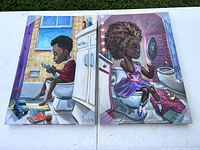Both canvas artwork pieces displayed side by side showing children in bathrooms.