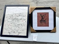 Two framed art pieces shown on a table outdoors. Left frame is zodiac constellation chart with black frame. Right frame is LV Supreme print with black frame and corner protectors.