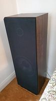 View of the right side and front top of the Sunsui wood speaker showing wood grain finish and black fabric grille covering drivers.