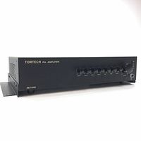 Front right angle view of black Tortech PA-1240 PA amplifier showing volume and tone control knobs, power switch, and status LEDs.