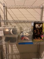 Plastic bins on shelf containing golf shoes and golf towels, plus a boxed Caddyshack dancing gopher figurine visible on right side.