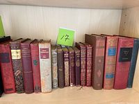Overview of 16 clothbound books on shelf