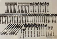 Top down view showing all flatware pieces with ornate handles in multiple rows.