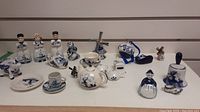 Wide view of the miniature Dutch Delft items including figures, shoes, windmills, and ceramics on display shelf