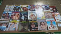 Twenty National Lampoon magazines laid out in four rows of five on a wooden surface.
